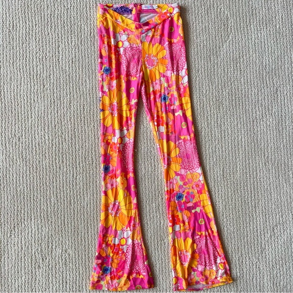 ELSIE & FRED Retro Floral Flare Pants Pink Orange 70s Festival Size Small - Picture 6 of 11